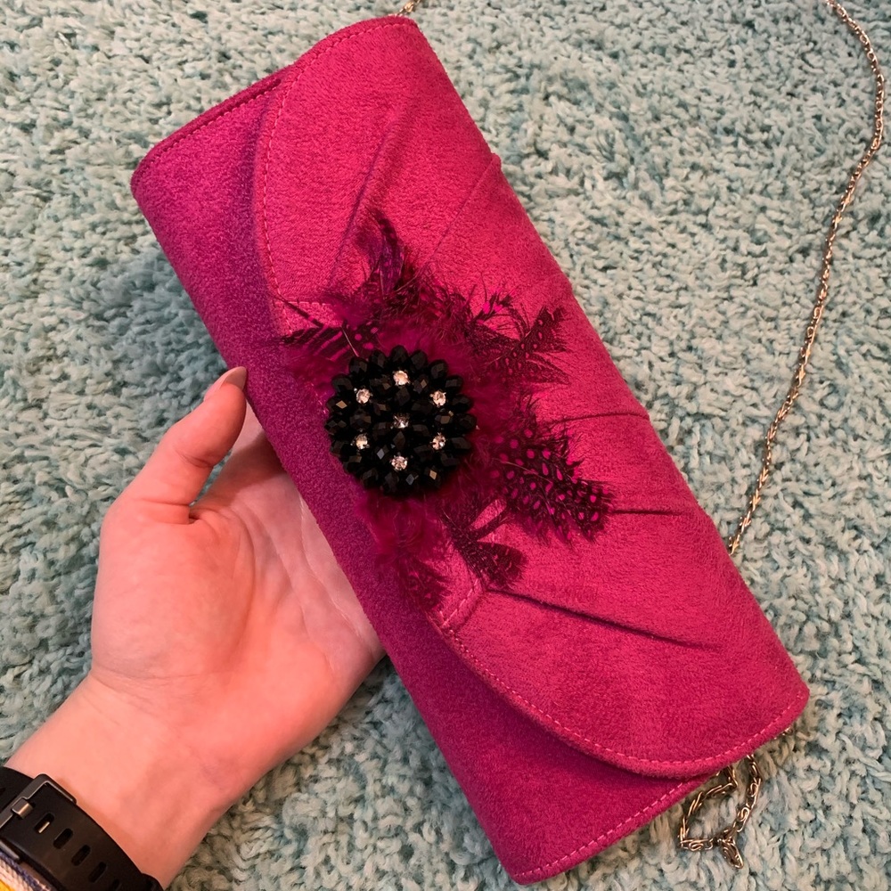 Fuchsia Feathered Shoulder Clutch